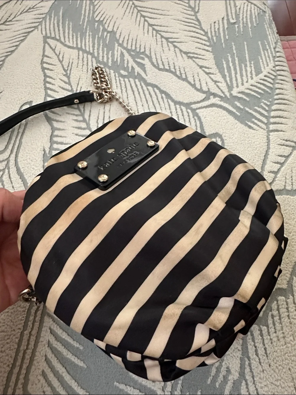 kate spade Striped Black and Cream Round Crossbody with Gold Chain